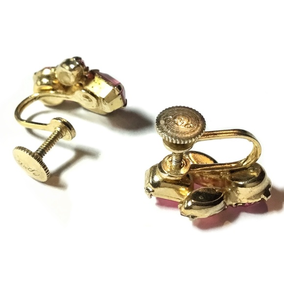 Vintage C1950 Signed Coro Pink Rhinestone Screw Back Earrings - Picture 2 of 2